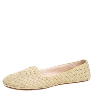 Pre Owned Bottega Veneta Pale Yellow Intrecciato Leather Ballet Flats Size 40