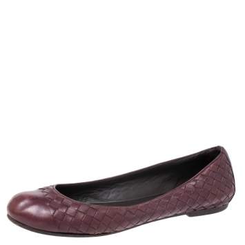 Pre Owned Bottega Veneta Burgundy Intrecciato Leather Ballet Flats Size 39.5