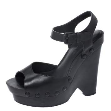 Pre Owned Bottega Veneta Black Leather Open Toe Ankle Strap Wedge Sandals Size 37.5