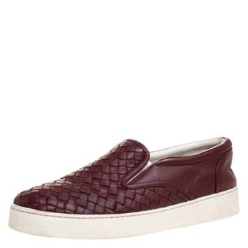 Pre Owned Bottega Veneta Burgundy Intrecciato Leather Dodger Slip On Sneakers Size 38