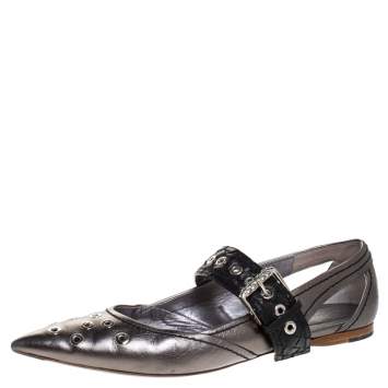 Pre Owned Bottega Veneta Metallic Silver Leather Eyelet Embellished Mary Jane Ballerina Flats Size 39