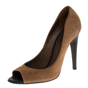 Pre Owned Bottega Veneta Brown Suede Peep Toe Pumps Size 38.5