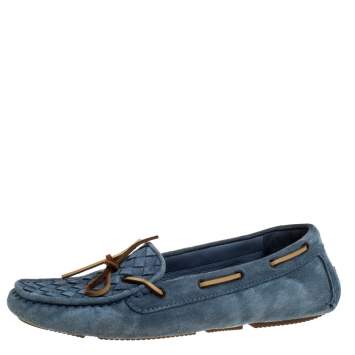 Pre Owned Bottega Veneta Ash Blue/Brown Intrecciato Suede Bow Loafers Size 38