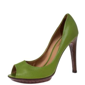 Pre Owned Bottega Veneta Green Leather Peep Toe Platform Pumps Size 38