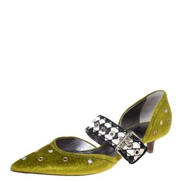 Pre Owned Bottega Veneta Green Velvet And Intrecciato Leather Dahlia Chenille D'orsay Pumps Size 35