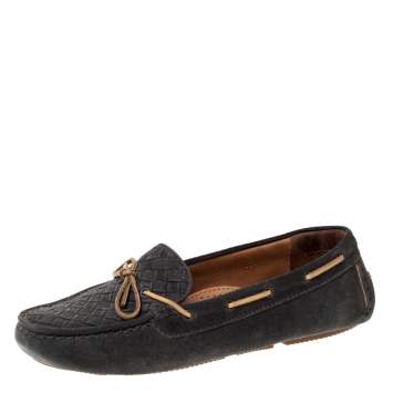 Pre Owned Bottega Veneta Dark Grey Intrecciato Suede Bow Loafers Size 38.5