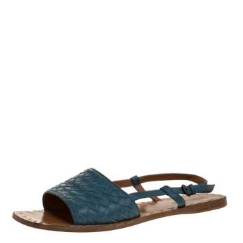 Pre Owned  Bottega Veneta Blue Intrecciato Leather Slingback Open Toe Sandals Size 38.5