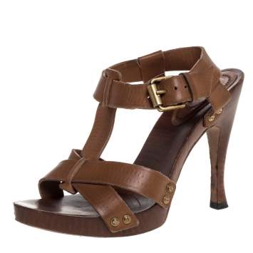 Pre Owned Bottega Veneta Tan Embossed Leather T Strap Wooden Platform And Heel Sandals Size 37