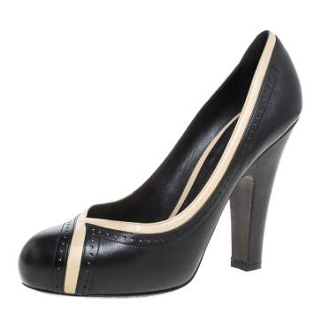 Pre Owned Bottega Veneta Black/Cream Leather Perforated Detail Platform Pumps Size 40