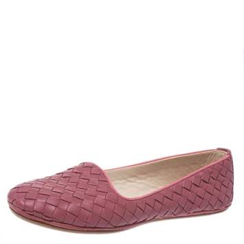 Pre Owned Bottega Veneta Dark Pink Intrecciato Leather Smoking Slippers Size 36