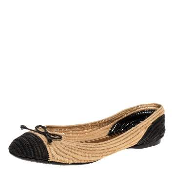 Pre Owned Bottega Veneta Beige/Black Raffia Bow Cap Toe Ballet Flats Size 40