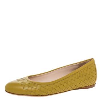Pre Owned Bottega Veneta Yellow Intrecciato Leather Ballet Flats Size 36.5