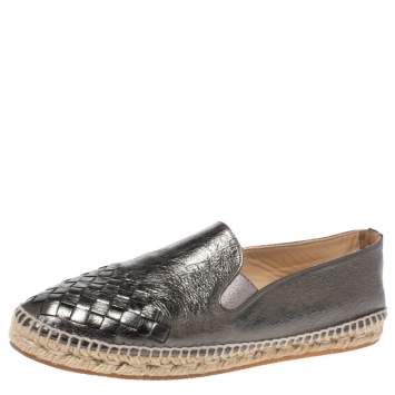 Pre Owned Bottega Veneta Metallic Grey Intrecciato Leather Espadrille Flats Size 38