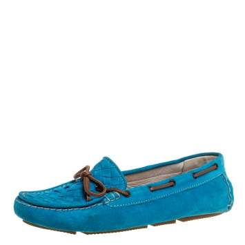 Pre Owned Bottega Veneta Blue Intrecciato Suede Bow Loafers Size 39