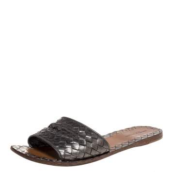 Pre Owned Bottega Veneta Metallic Grey Intrecciato Leather Slide Flats Size 39