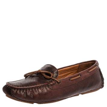 Pre Owned Bottega Veneta Brown Karung Leather Bow Slip On Loafers Size 38
