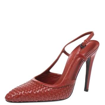 Pre Owned Bottega Veneta Burnt Red Woven Leather Slingback Pumps Size 39.5