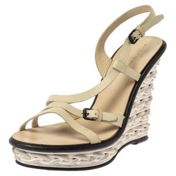 Pre Owned Bottega Veneta Cream Leather Wedge Platform Ankle Strap Sandals Size 40