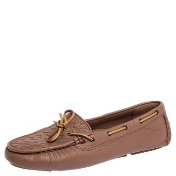 Pre Owned Bottega Veneta Pink Intrecciato Leather Bow Slip On Loafers Size 40.5