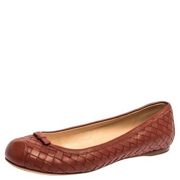Pre Owned Bottega Veneta Brown Intrecciato Leather Ballet Flats Size 38.5