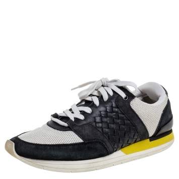 Pre Owned Bottega Veneta White/Black Mesh And Intrecciato Suede Leather Lace Up Low Top Sneakers Size 39.5