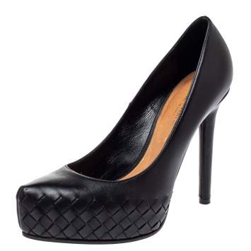 Pre Owned Bottega Veneta Black Intrecciato Leather Platform Pumps Size 36
