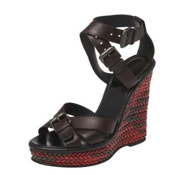 Pre Owned Bottega Veneta Burgundy Leather Woven Heel Wedge Ankle Wrap Sandals Size 37