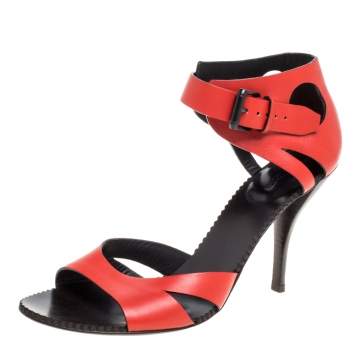Pre Owned Bottega Veneta Red Lasercut Leather Ankle Strap Sandals Size 39.5