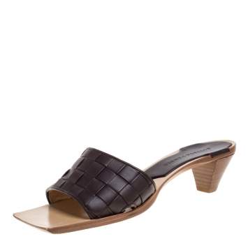 Pre Owned Bottega Veneta Brown Intrecciato Leather Square Toe Slide Sandals Size 37