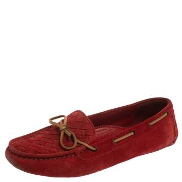Pre Owned Bottega Veneta Suede Red Intrecciato  Bow Slip On Loafers Size 39