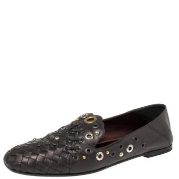 Pre Owned Bottega Veneta Metallic Black Intrecciato Leather Studded Loafers Size 39