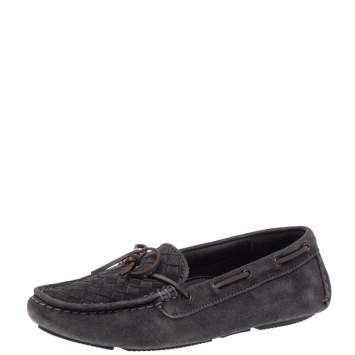 Pre Owned Bottega Veneta Dark Grey  Intrecciato Suede Trim Bow Loafers Size 39
