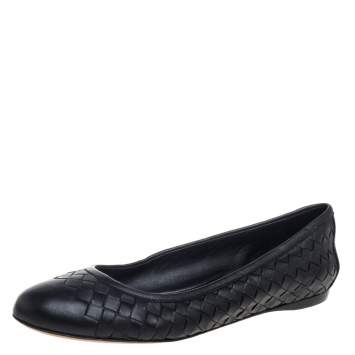 Pre Owned Bottega Veneta Black Intercciato Leather Ballet Flats Size 36.5