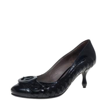 Pre Owned Bottega Veneta Intrecciato Black Patent Leather Buckle Detail Pumps Size 36