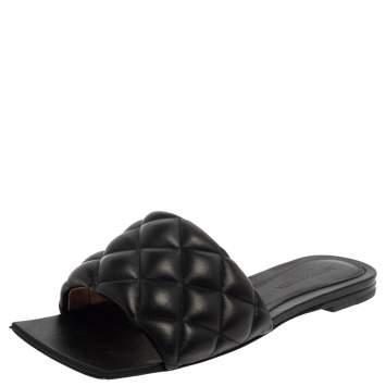 Pre Owned Bottega Veneta Black Leather Quilted Mule Sandals Size 37.5