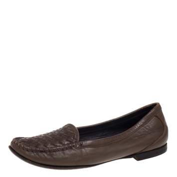 Pre Owned Bottega Veneta Olive Green Intrecciato Leather Loafers Size 38.5
