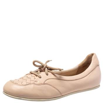 Pre Owned Bottega Veneta Beige Intercciato Leather Lace Up Loafers Size 38.5