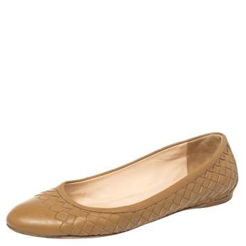 Pre Owned Bottega Veneta Brown Intrecciato Leather Ballet Flats Size 37.5