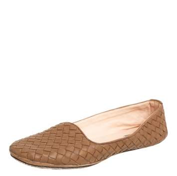 Pre Owned Bottega Veneta Brown Intrecciato Round Toe Ballet Flats Size 38
