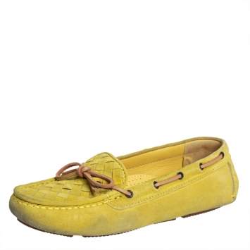 Pre Owned Bottega Veneta Yellow Intrecciato Suede Bow Slip On Loafers Sizs 36.5