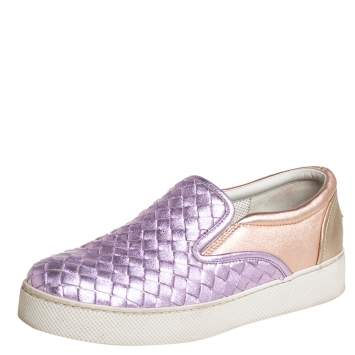 Pre Owned Bottega Veneta Multicolor Woven Leather Slip on Sneakers Size 36