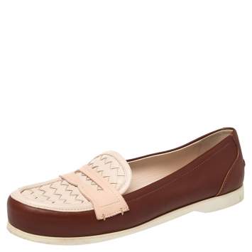 Pre Owned Bottega Veneta Pink/Red Leather Intrecciato Detail Penny Loafer Size 39