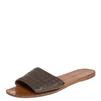 Pre Owned Bottega Veneta Grey Intrecciato Leather Flat Slides Size 37