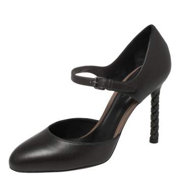 Pre Owned Bottega Veneta Charcoal Black Leather Intrecciato Heel D'orsay Pumps Size 36.5