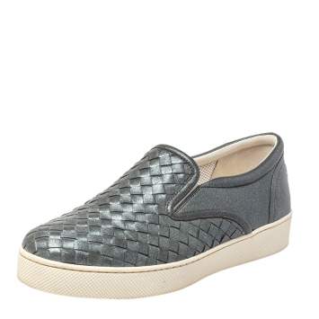 Pre Owned Bottega Veneta Grey Intrecciato Leather Dodger Slip On Sneakers Size 37.5