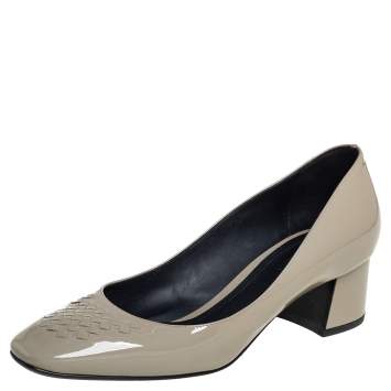 Pre Owned Bottega Veneta Grey Patent Leather Block Heel Pumps Size 37