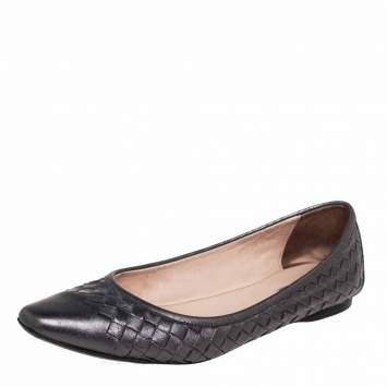 Pre Owned Bottega Veneta Metallic Grey Intrecciato Leather Pointed Toe Ballet Flats Size 38
