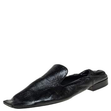 Pre Owned Bottega Veneta Black Leather Square Toe Smoking Slippers Size 36.5