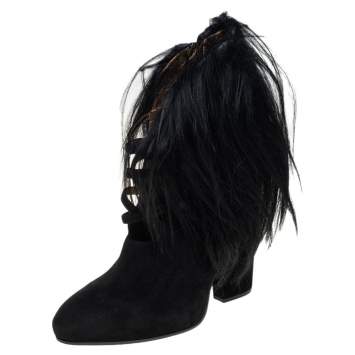 Pre Owned Bottega Veneta Black Suede And Goat Fur Criss Cross Ankle Boots Size 38