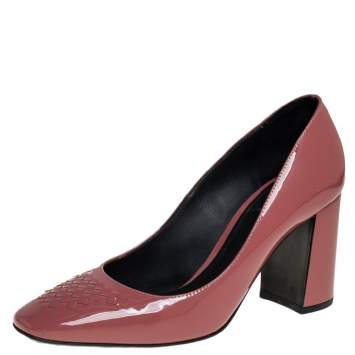 Pre Owned Bottega Veneta Dusty Pink Patent Leather Intrecciato Detail Block Heel Pumps Size 36.5